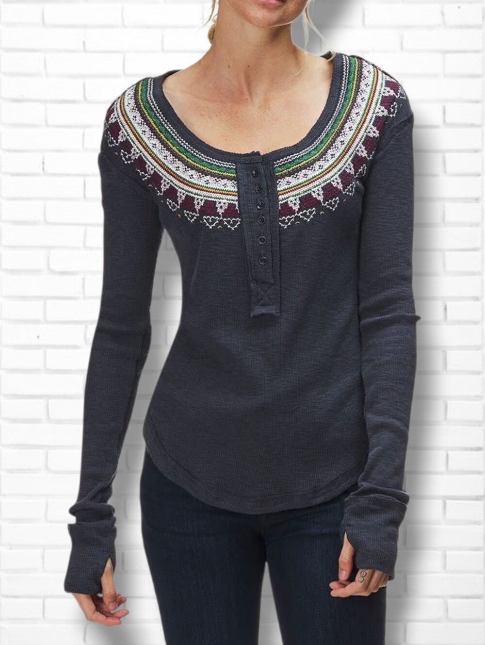 Free People Size M Grey Fairisle Long Sleeve Thermal Top